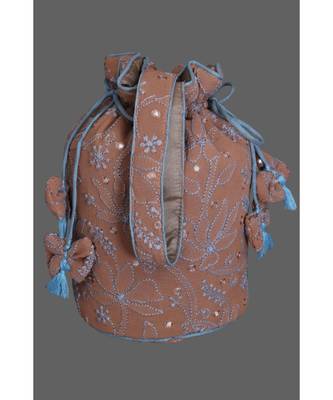 Ada Hand Embroidered Salted Caramel Brown Georgette Lucknow Chikankari Potli-A598556 1