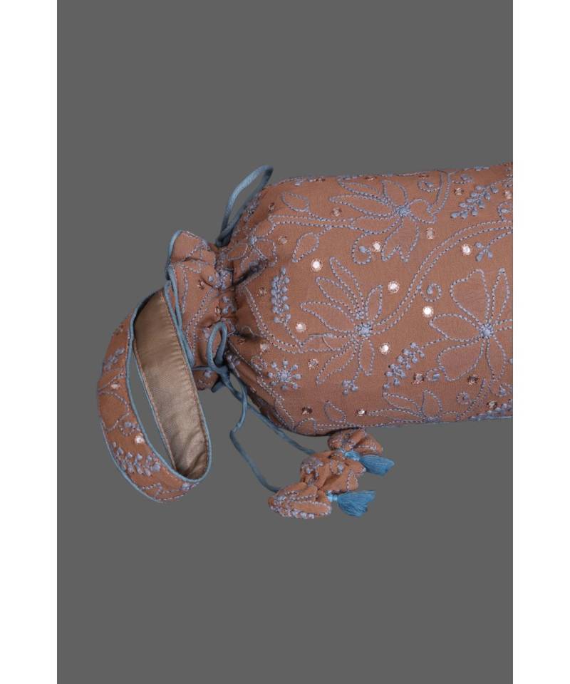 Ada Hand Embroidered Salted Caramel Brown Georgette Lucknow Chikankari Potli-A598556