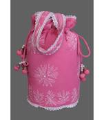 Ada Hand Embroidered Bubblegum Pink Georgette Lucknow Chikankari Potli With Pearl Work-A509178