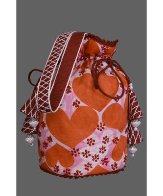 Ada Hand Embroidered Peach Cotton Lucknow Chikankari Potli With Pearl Work-A615056 1