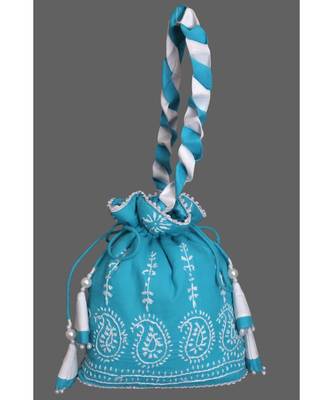 Ada Hand Embroidered Blue Cotton Lucknow Chikankari Potli With Pearl Work-A622210 1