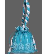 Ada Hand Embroidered Blue Cotton Lucknow Chikankari Potli With Pearl Work-A622210