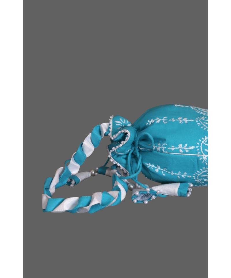 Ada Hand Embroidered Blue Cotton Lucknow Chikankari Potli With Pearl Work-A622210