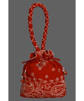 Ada Hand Embroidered Red Georgette Lucknow Chikankari Potli With Pearl Work-A614414 1