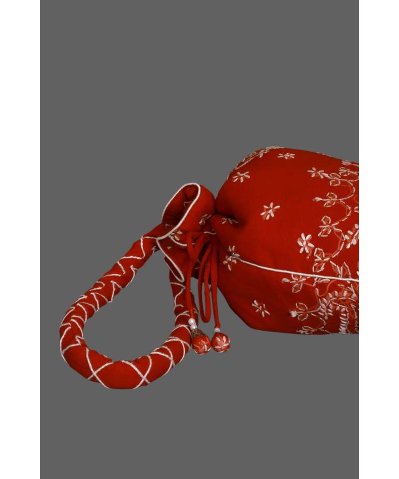 Ada Hand Embroidered Red Georgette Lucknow Chikankari Potli With Pearl Work-A614414