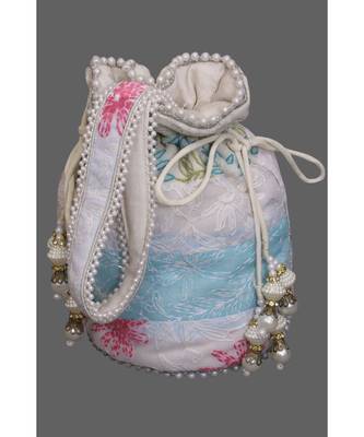 Ada Hand Embroidered White/Blue Georgette Lucknow Chikankari Potli With Pearl Work-A405337 2