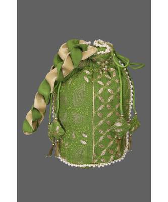 Ada Hand Embroidered Green Georgette Lucknow Chikankari Potli With Gotapatti Work-01A5497 1
