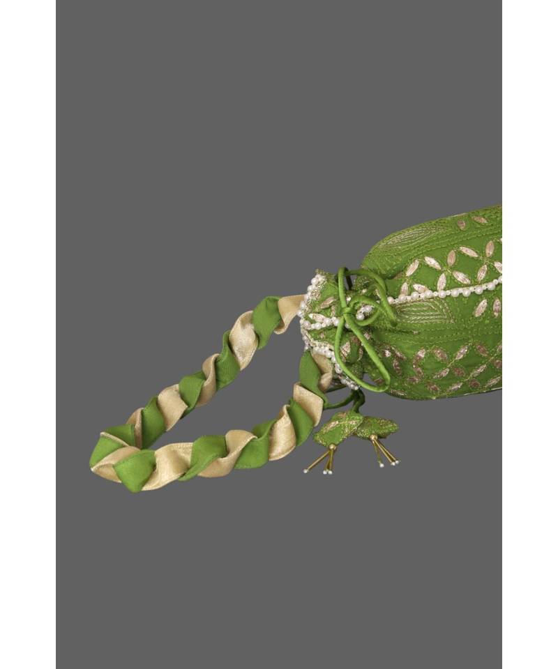 Ada Hand Embroidered Green Georgette Lucknow Chikankari Potli With Gotapatti Work-01A5497