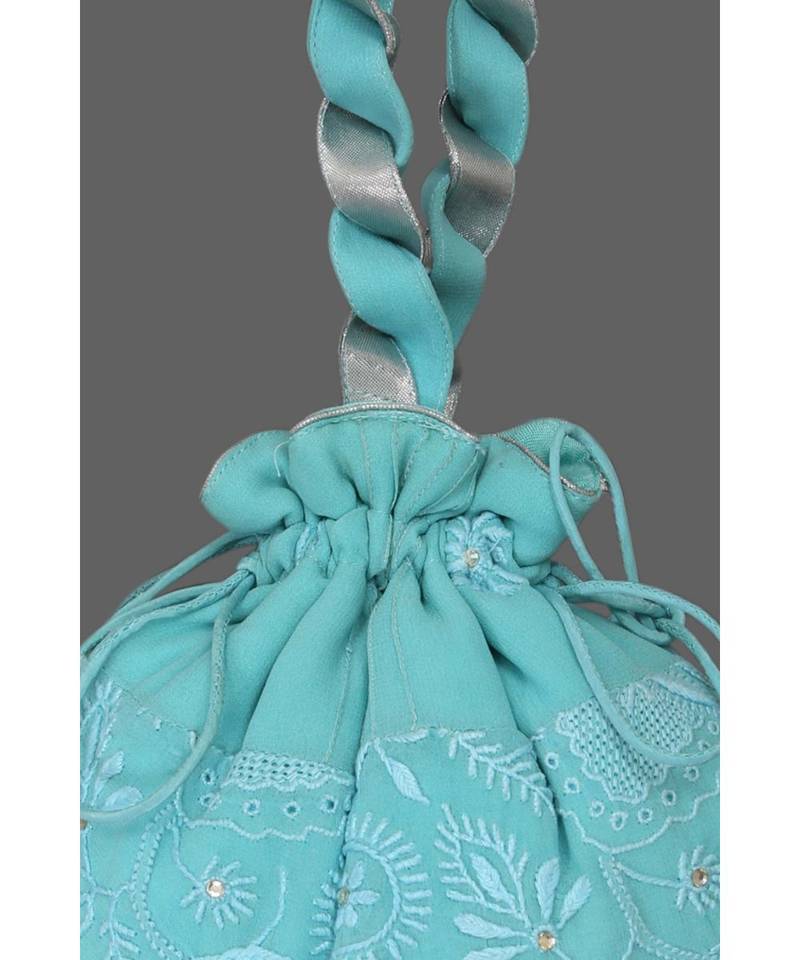 Ada Hand Embroidered Blue Georgette Lucknow Chikankari Potli With Sequinned Work-01A5496
