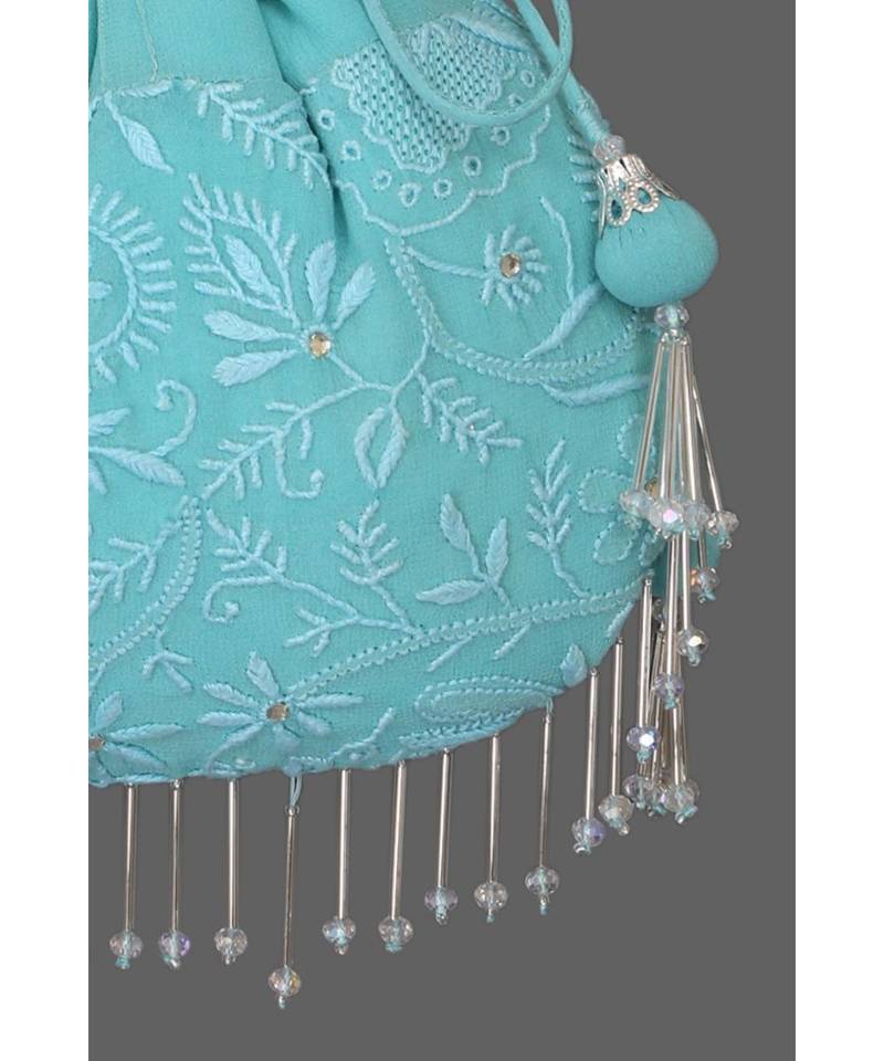 Ada Hand Embroidered Blue Georgette Lucknow Chikankari Potli With Sequinned Work-01A5496
