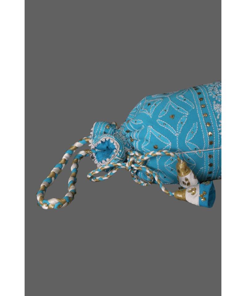 Ada Hand Embroidered Blue Georgette Lucknow Chikankari Potli With Muqaish Work-01A5494