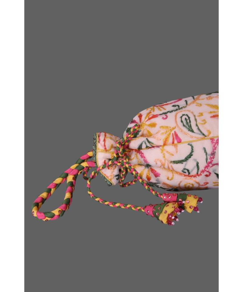 Ada Hand Embroidered Powder Pink Georgette Lucknow Chikankari Potli-01A5493