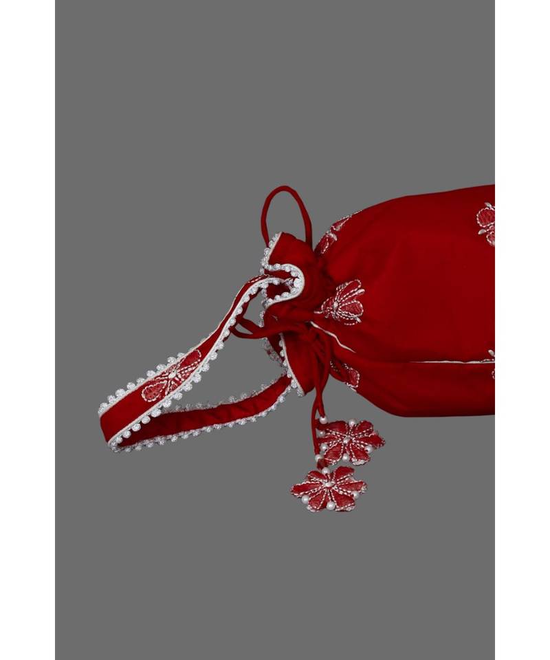 Ada Hand Embroidered Red Georgette Lucknow Chikankari Potli With Pearl Work- A507165