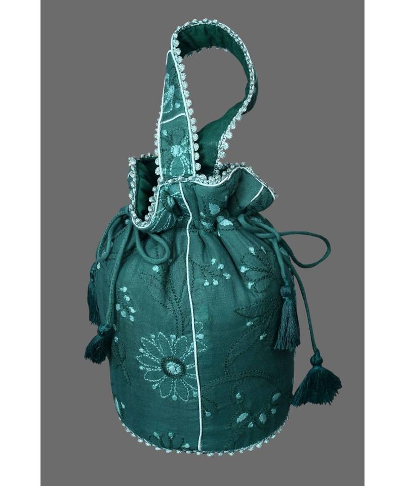 Ada Hand Embroidered Green Cotton Lucknow Chikankari Potli- A608521