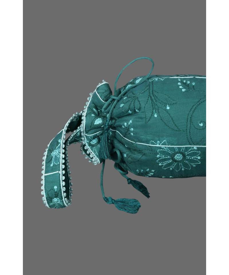 Ada Hand Embroidered Green Cotton Lucknow Chikankari Potli- A608521