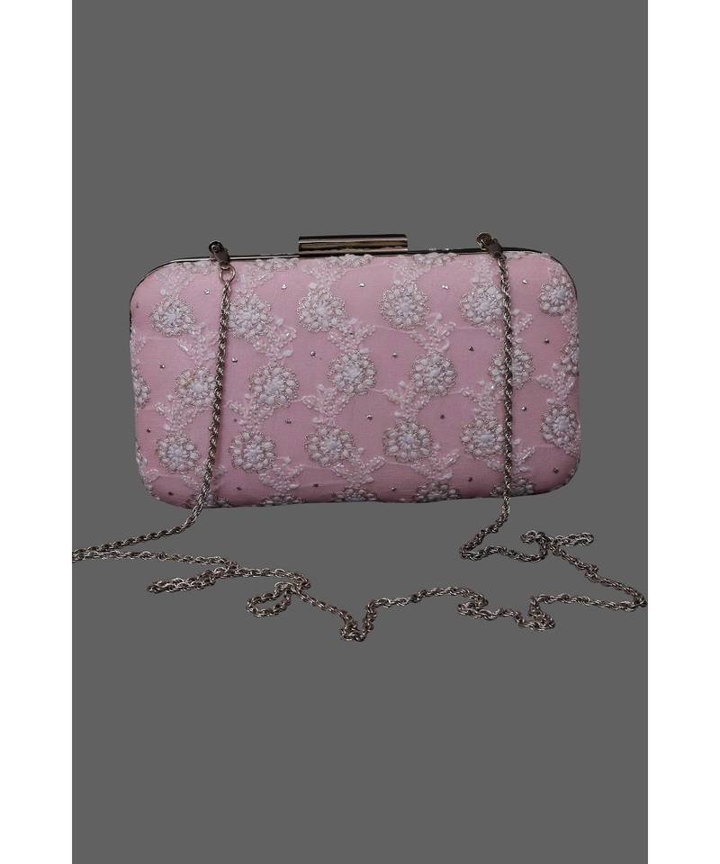 Ada Hand Embroidered Pink Pure Georgette Lucknow Chikankari Clutch With Muqaish Work- A606019