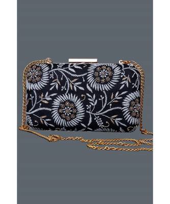 Ada Hand Embroidered Black Silk Lucknow Chikankari Clutch- A601428 2