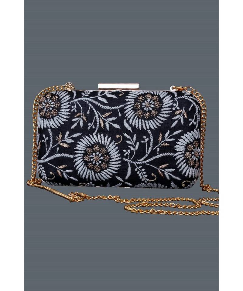 Ada Hand Embroidered Black Silk Lucknow Chikankari Clutch- A601428