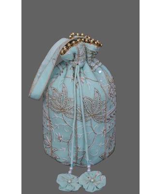 Ada Hand Embroidered Sea Green Pure Georgette Lucknow Chikankari Linen Potli With Pearl Work- A538579 1