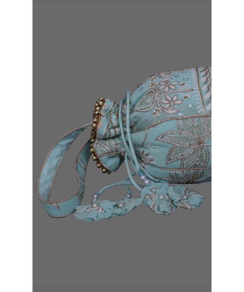 Ada Hand Embroidered Sea Green Pure Georgette Lucknow Chikankari Linen Potli With Pearl Work- A538579