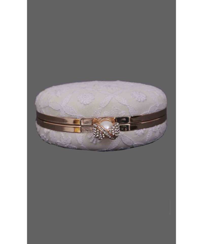 Ada Hand Embroidered White Pure Georgette Lucknow Chikankari Clutch- A548998