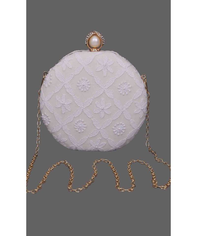 Ada Hand Embroidered White Pure Georgette Lucknow Chikankari Clutch- A548998
