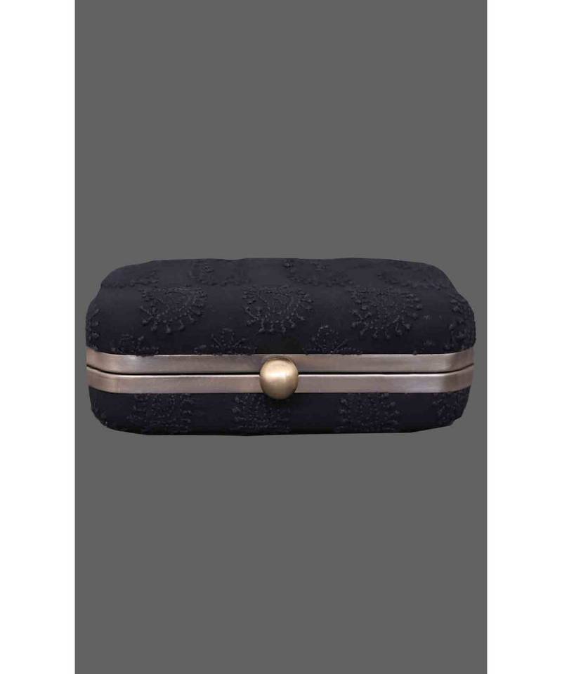 Ada Hand Embroidered Black Pure Georgette Lucknow Chikankari Clutch- A548979