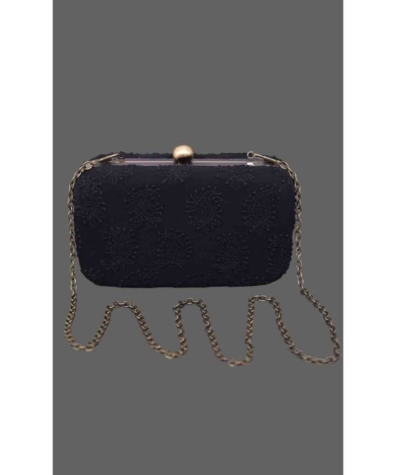 Ada Hand Embroidered Black Pure Georgette Lucknow Chikankari Clutch- A548979