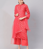 Coral Red And Golden Printed Kurta With Bottom And Dupatta
