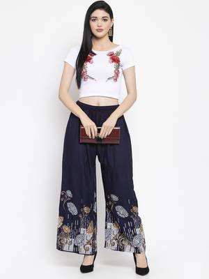 Navy-blue printed rayon palazzo-pants 2