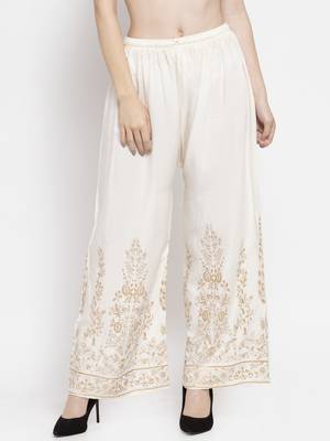 Cream printed rayon palazzo-pants 1