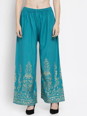 Turquoise printed rayon palazzo-pants 1