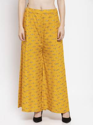 Mustard printed rayon palazzo-pants 1