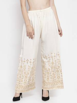 Cream printed rayon palazzo-pants 1