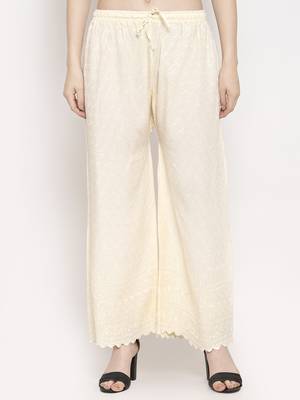 Cream embroidered rayon palazzo-pants 1