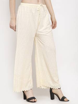 Cream embroidered rayon palazzo-pants 3