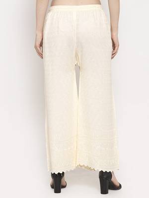 Cream embroidered rayon palazzo-pants 4
