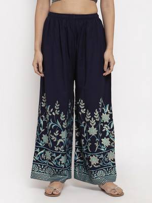 Navy-blue printed rayon palazzo-pants 1