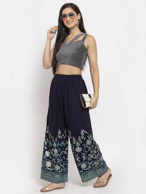 Navy-blue printed rayon palazzo-pants 2