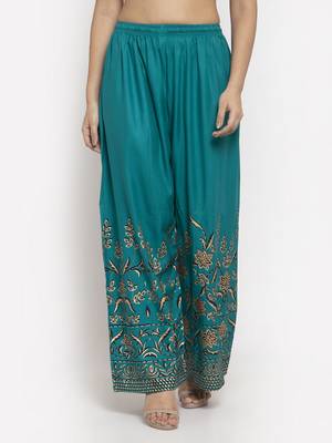 Turquoise printed rayon palazzo-pants 1