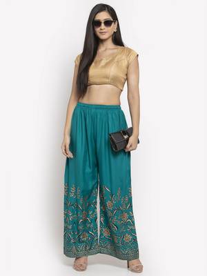 Turquoise printed rayon palazzo-pants 2
