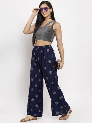 Navy-blue printed rayon palazzo-pants 2