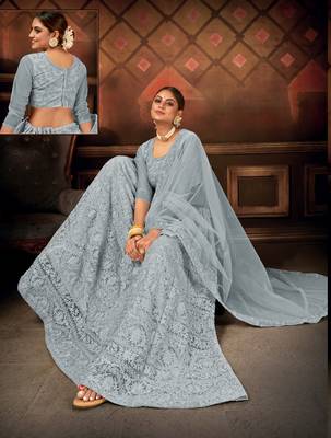 Grey embroidered net semi stitched lehenga 2