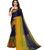 Navy blue woven poly silk saree with blouse