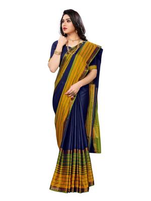 Navy blue woven poly silk saree with blouse 4