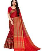 Dark red woven poly silk saree with blouse