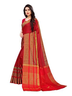 Dark red woven poly silk saree with blouse 2