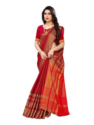 Dark red woven poly silk saree with blouse 4