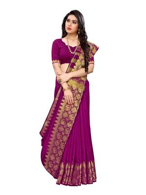 Pink woven poly silk saree with blouse 4