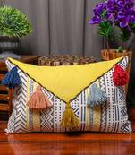 Yellow Cotton Hand Block Print Multi Tassel Rectangle Cushion Cover 16x24 Inches